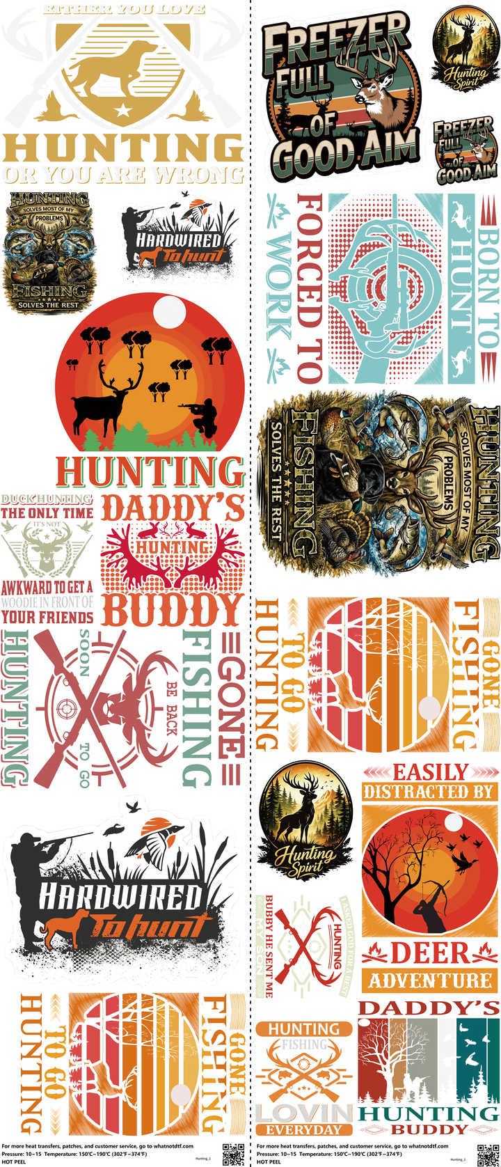 Hunting mixed-style heat transfer design set on a 23.5 by 53 inch sheet