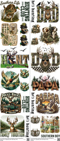 Hunting mixed-style heat transfer design set on a 23.5 by 53 inch sheet