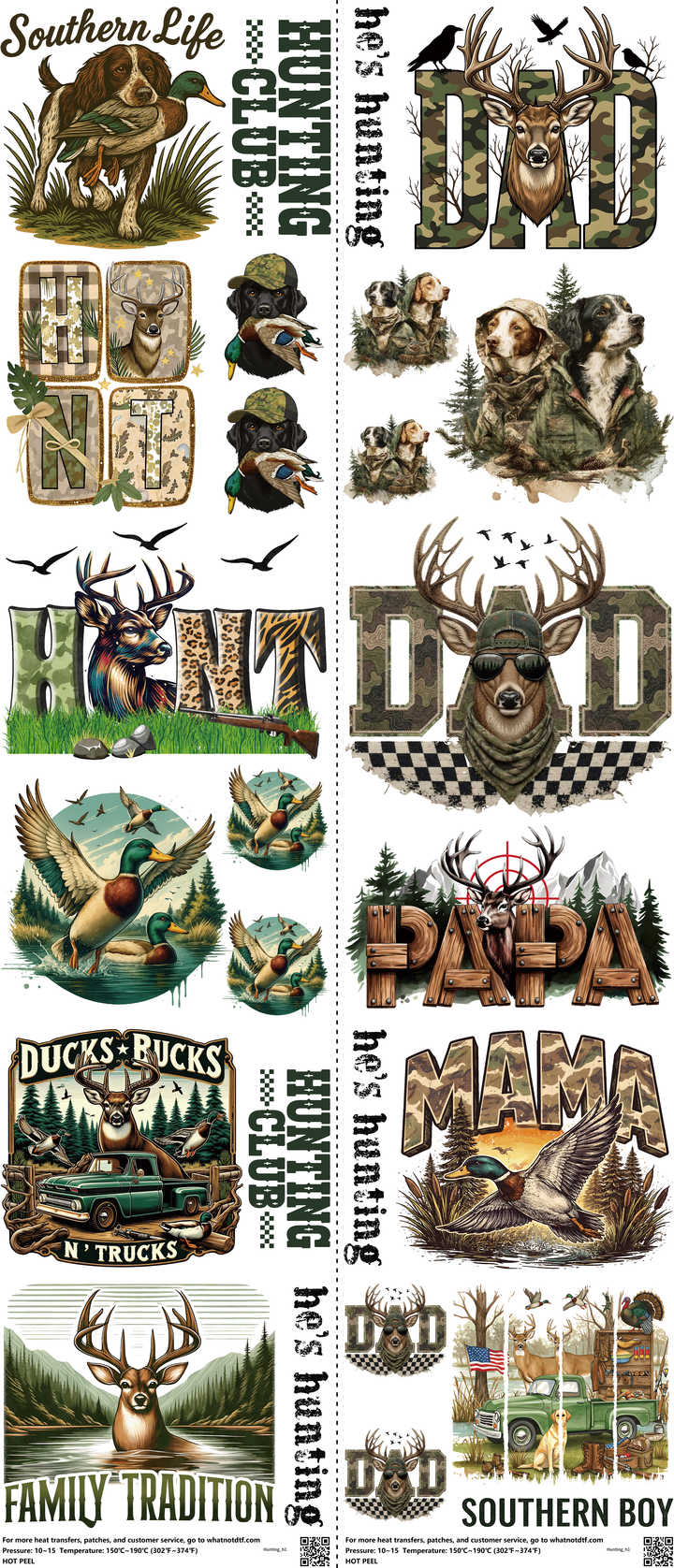 Hunting mixed-style heat transfer design set on a 23.5 by 53 inch sheet