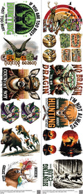 Hunting mixed-style heat transfer design set on a 23.5 by 53 inch sheet