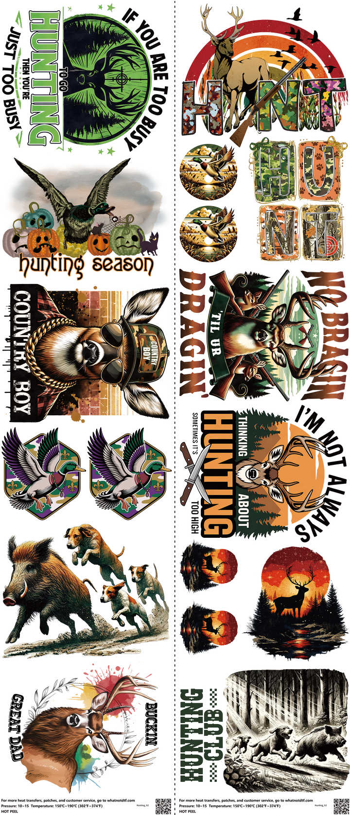 Hunting mixed-style heat transfer design set on a 23.5 by 53 inch sheet