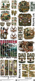Hunting mixed-style heat transfer design set on a 23.5 by 53 inch sheet