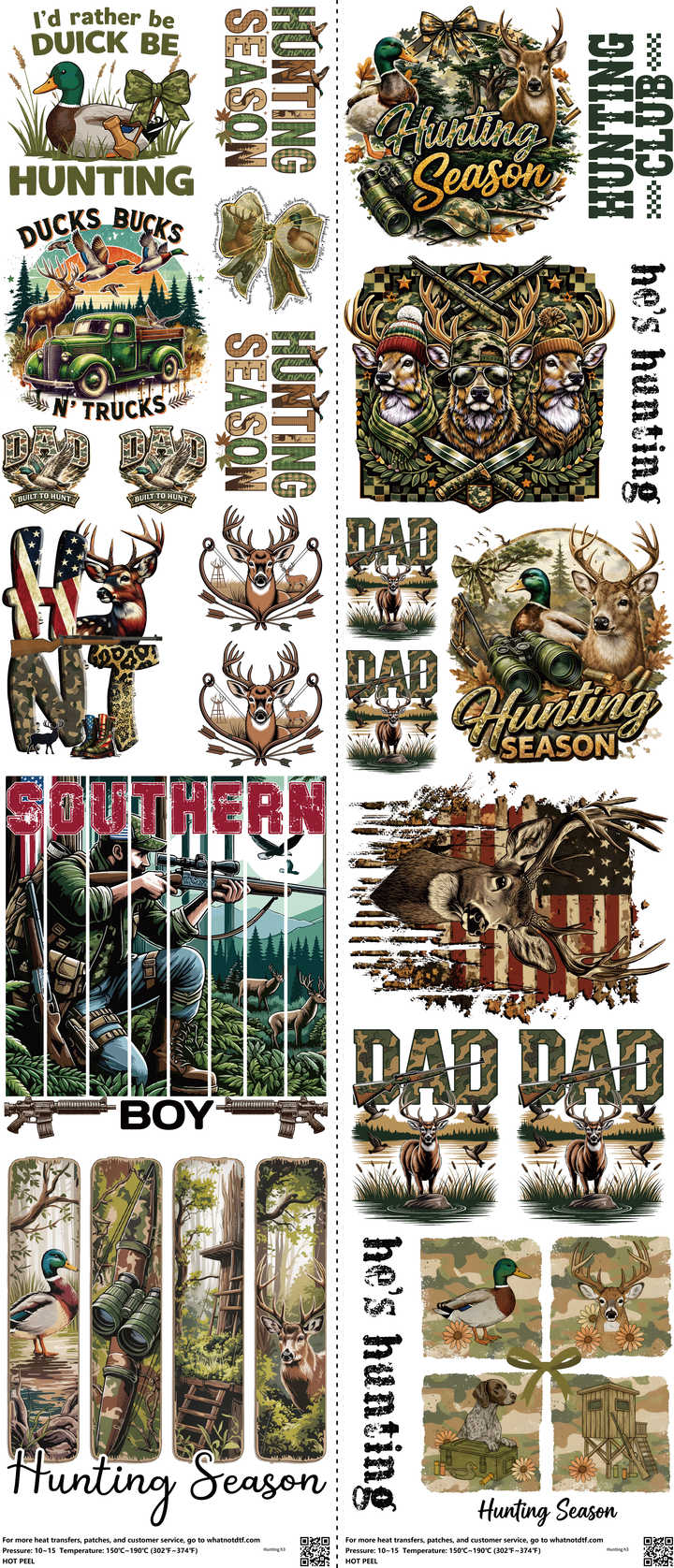 Hunting mixed-style heat transfer design set on a 23.5 by 53 inch sheet