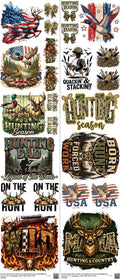 Hunting mixed-style heat transfer design set on a 23.5 by 53 inch sheet