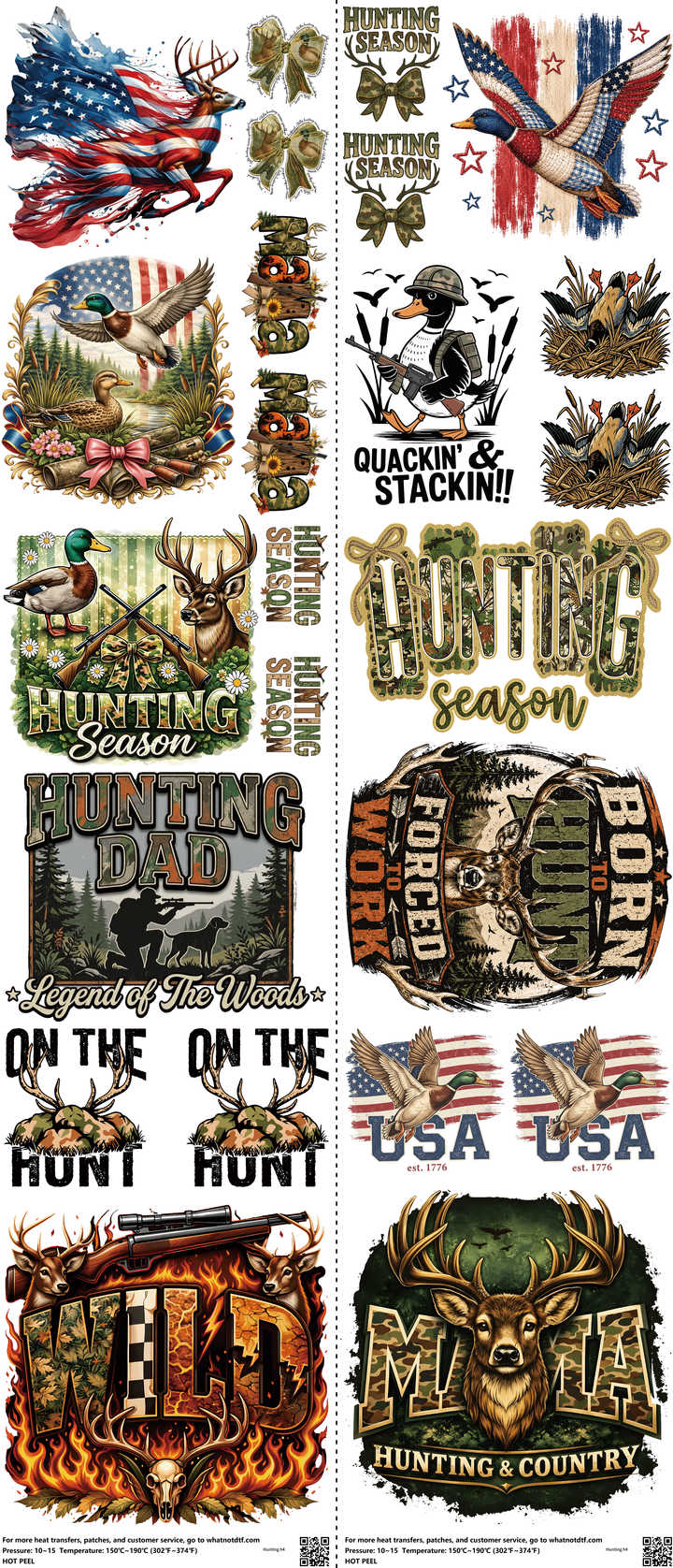 Hunting mixed-style heat transfer design set on a 23.5 by 53 inch sheet