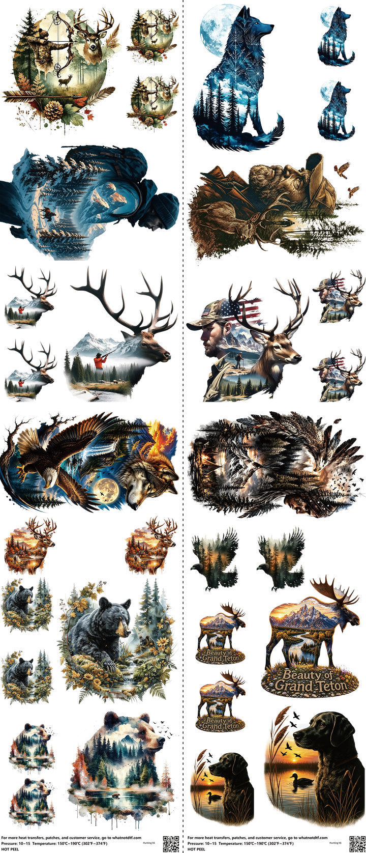 Hunting mixed-style heat transfer design set on a 23.5 by 53 inch sheet