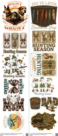 Hunting mixed-style heat transfer design set on a 23.5 by 53 inch sheet