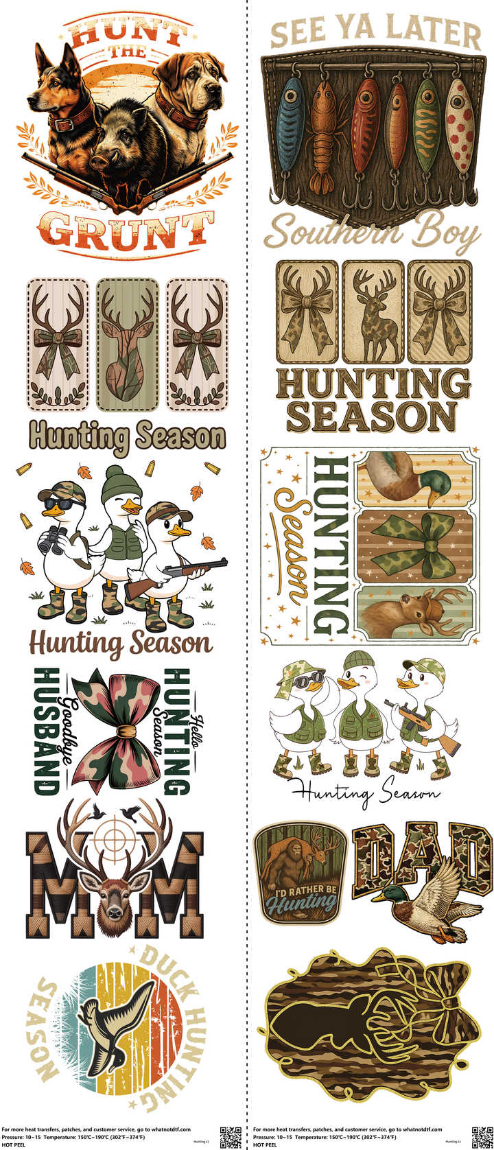 Hunting mixed-style heat transfer design set on a 23.5 by 53 inch sheet