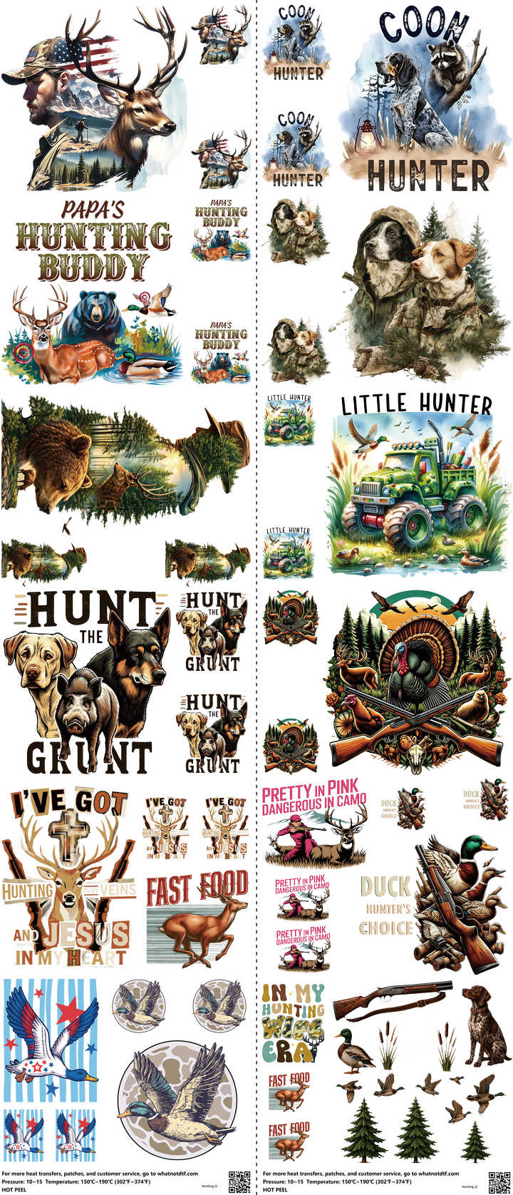 Hunting mixed-style heat transfer design set on a 23.5 by 53 inch sheet
