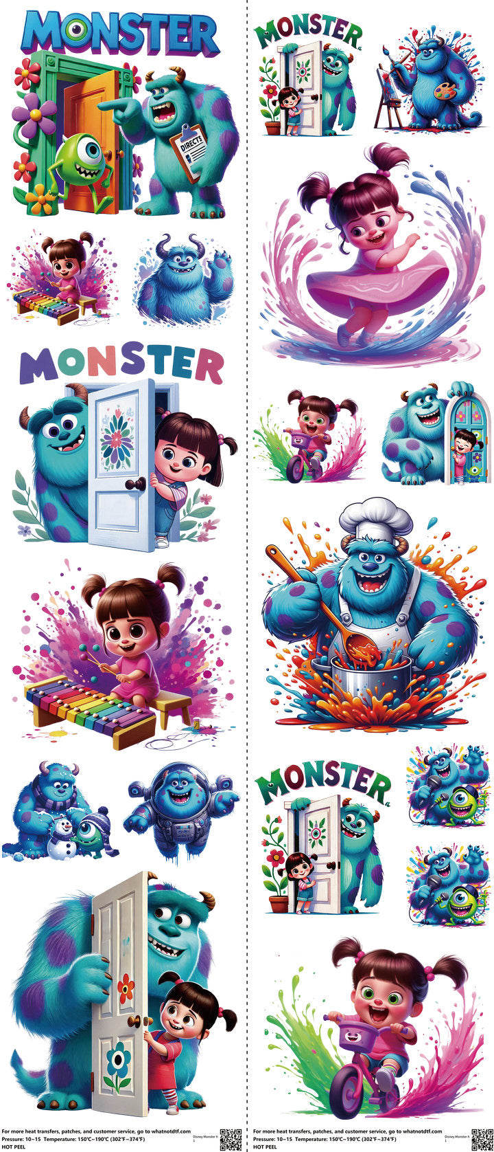 Family Animation Style mixed-style heat transfer design set on a 23.5 by 53 inch sheet