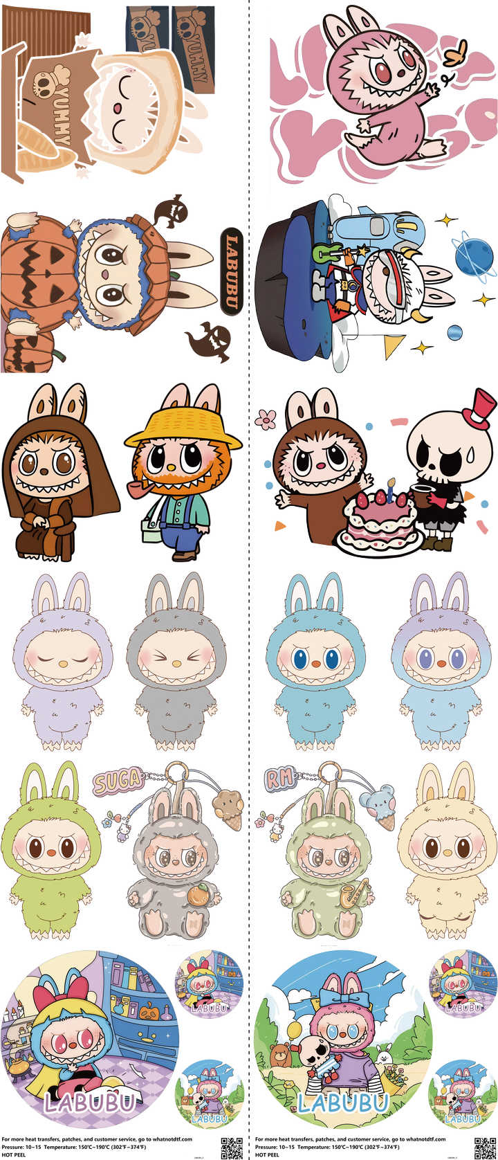 Designer Toy Style mixed-style heat transfer design set on a 23.5 by 53 inch sheet