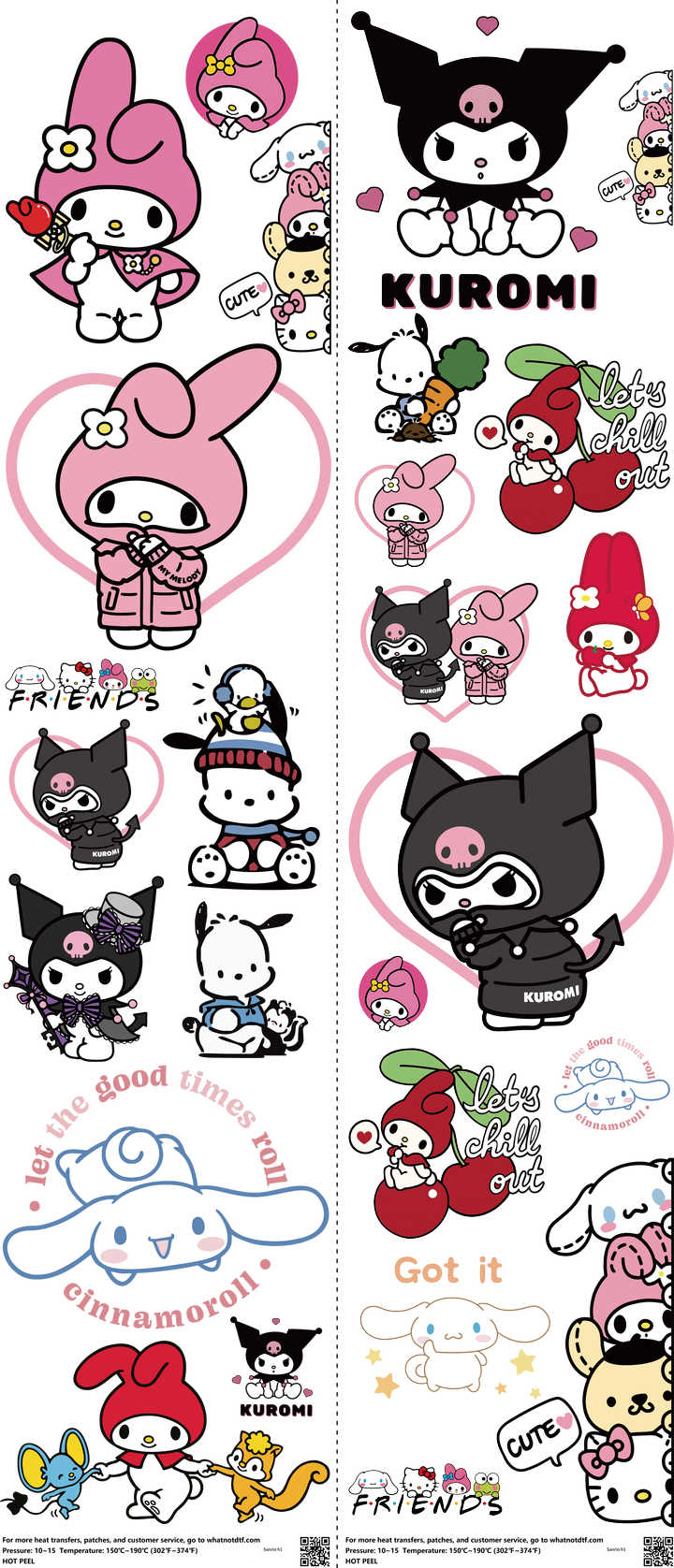 Cute Character Style mixed-style heat transfer design set on a 23.5 by 53 inch sheet