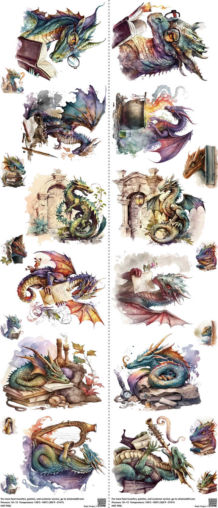Magic Dragon mixed-style heat transfer design set on a 23.5 by 53 inch sheet