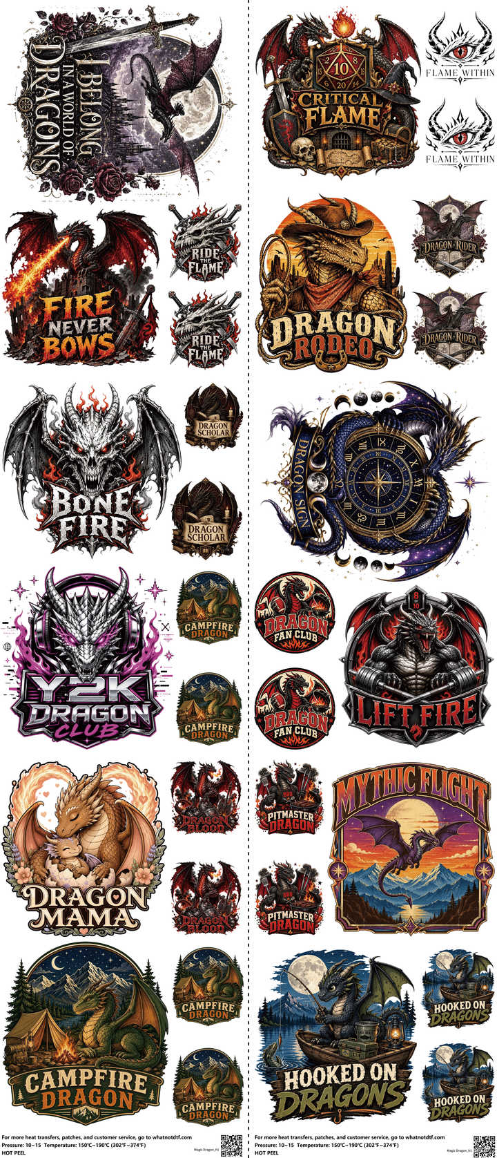 Magic Dragon mixed-style heat transfer design set on a 23.5 by 53 inch sheet