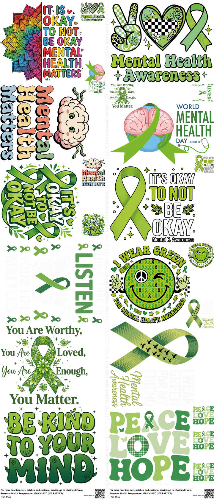 Mental Health mixed-style heat transfer design set on a 23.5 by 53 inch sheet
