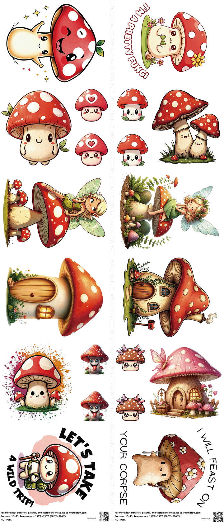 Mushroom mixed-style heat transfer design set on a 23.5 by 53 inch sheet