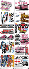 Motorsports mixed-style heat transfer design set on a 23.5 by 53 inch sheet