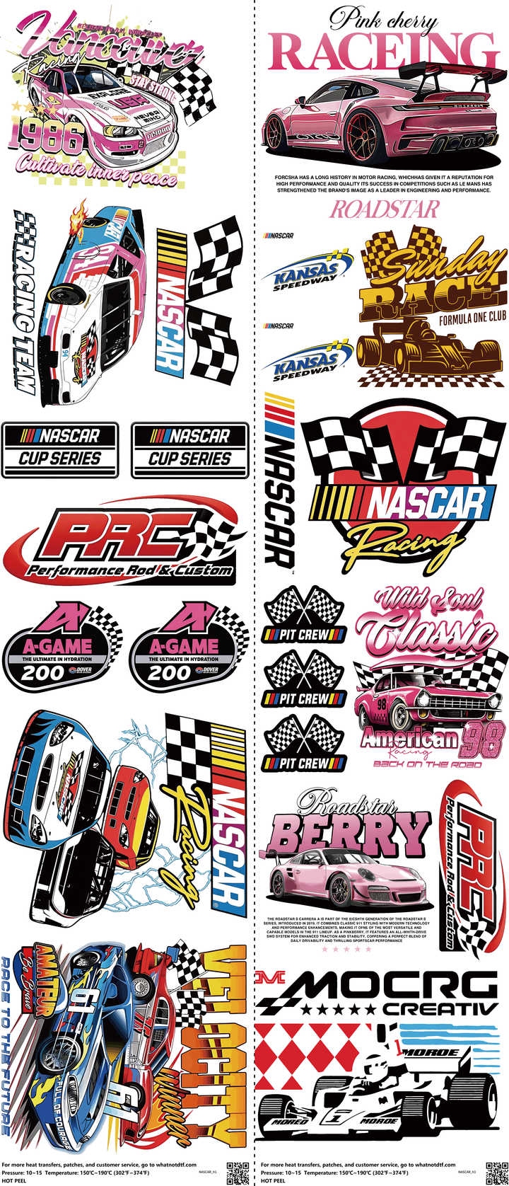 Motorsports mixed-style heat transfer design set on a 23.5 by 53 inch sheet
