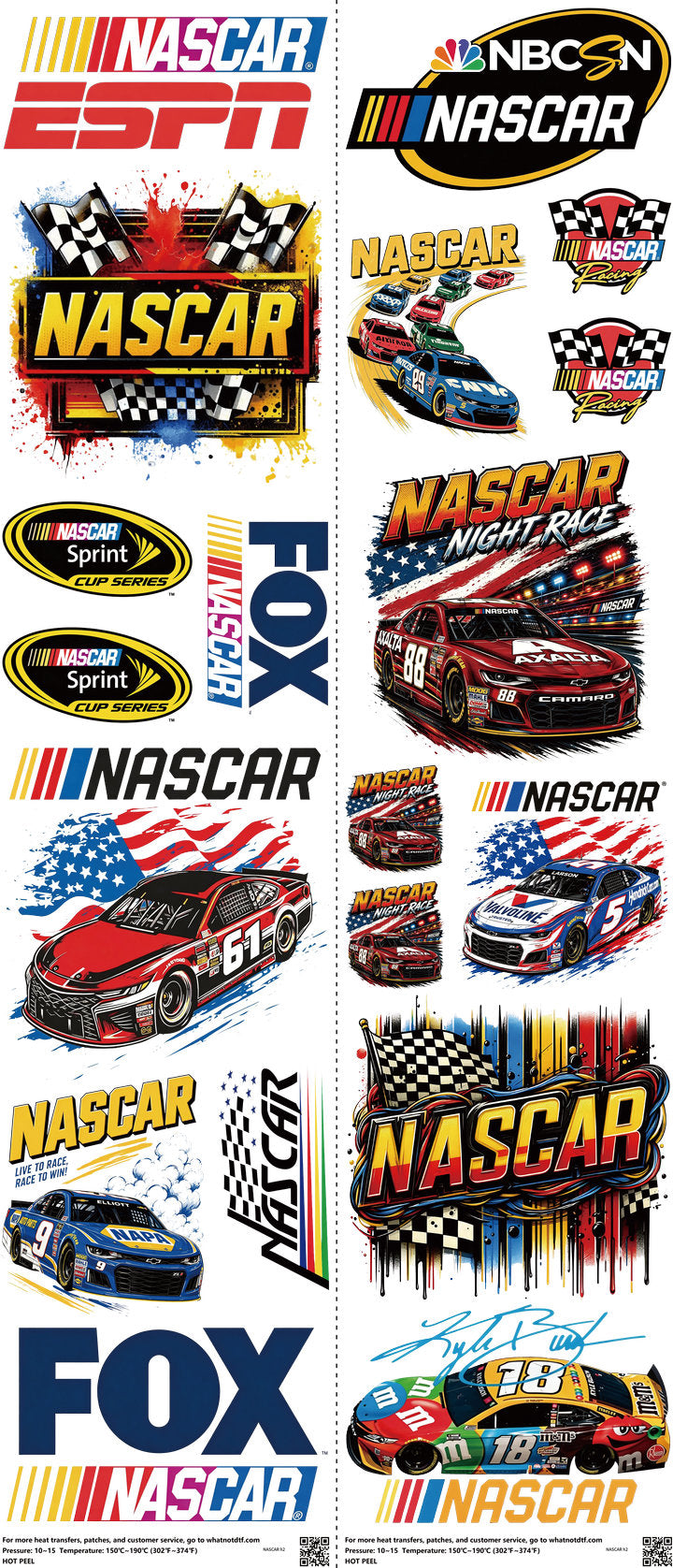 Motorsports mixed-style heat transfer design set on a 23.5 by 53 inch sheet