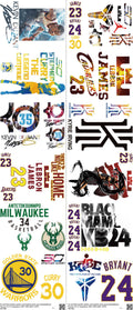 Basketball mixed-style heat transfer design set on a 23.5 by 53 inch sheet