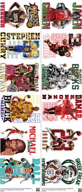 Basketball mixed-style heat transfer design set on a 23.5 by 53 inch sheet