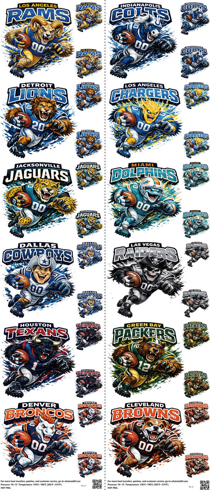 Pro Football mixed-style heat transfer design set on a 23.5 by 53 inch sheet