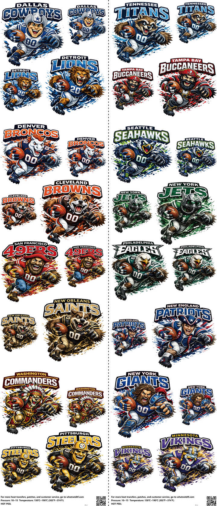 Pro Football mixed-style heat transfer design set on a 23.5 by 53 inch sheet