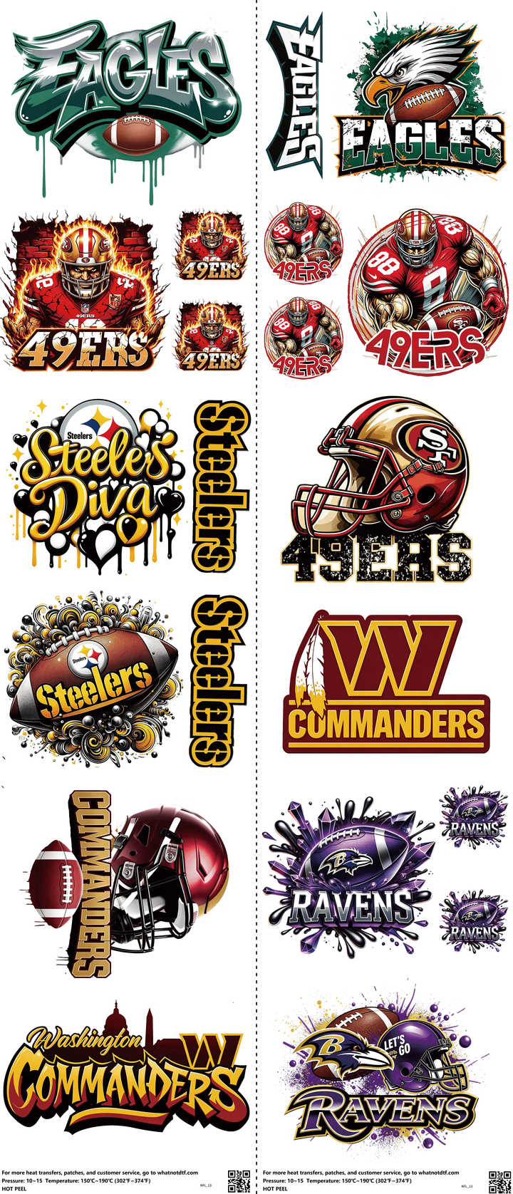 Pro Football mixed-style heat transfer design set on a 23.5 by 53 inch sheet