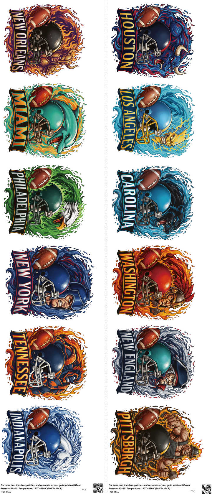 Pro Football mixed-style heat transfer design set on a 23.5 by 53 inch sheet