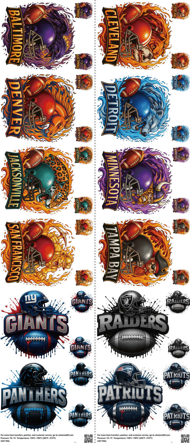Pro Football mixed-style heat transfer design set on a 23.5 by 53 inch sheet