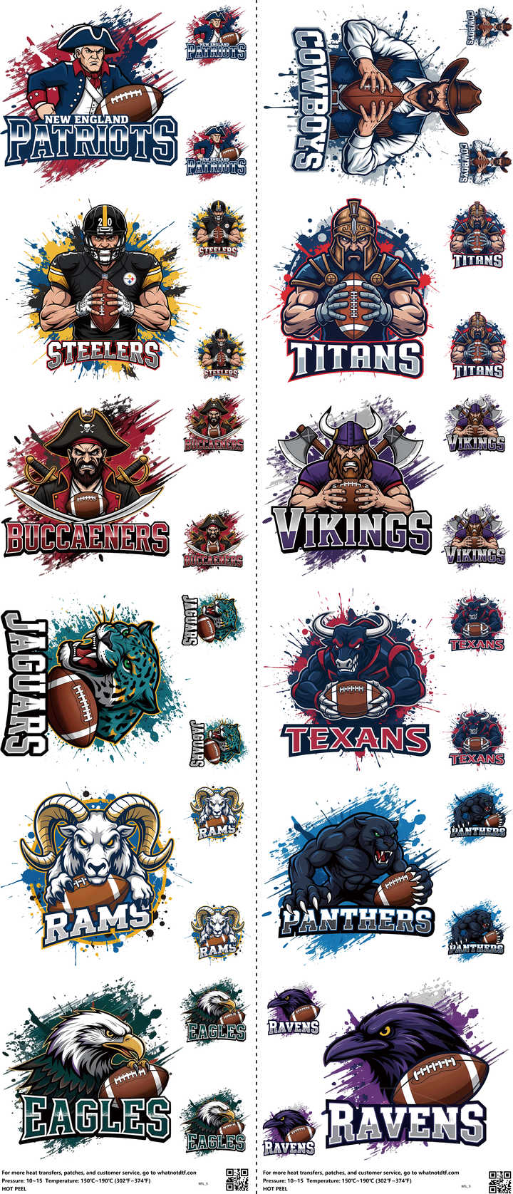 Pro Football mixed-style heat transfer design set on a 23.5 by 53 inch sheet