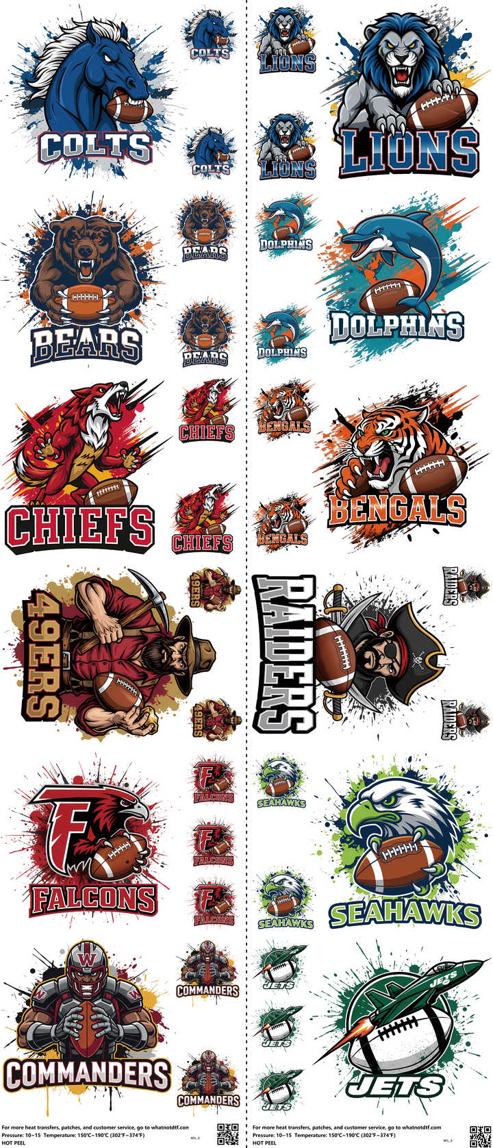 Pro Football mixed-style heat transfer design set on a 23.5 by 53 inch sheet