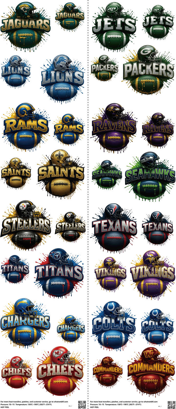 Pro Football mixed-style heat transfer design set on a 23.5 by 53 inch sheet