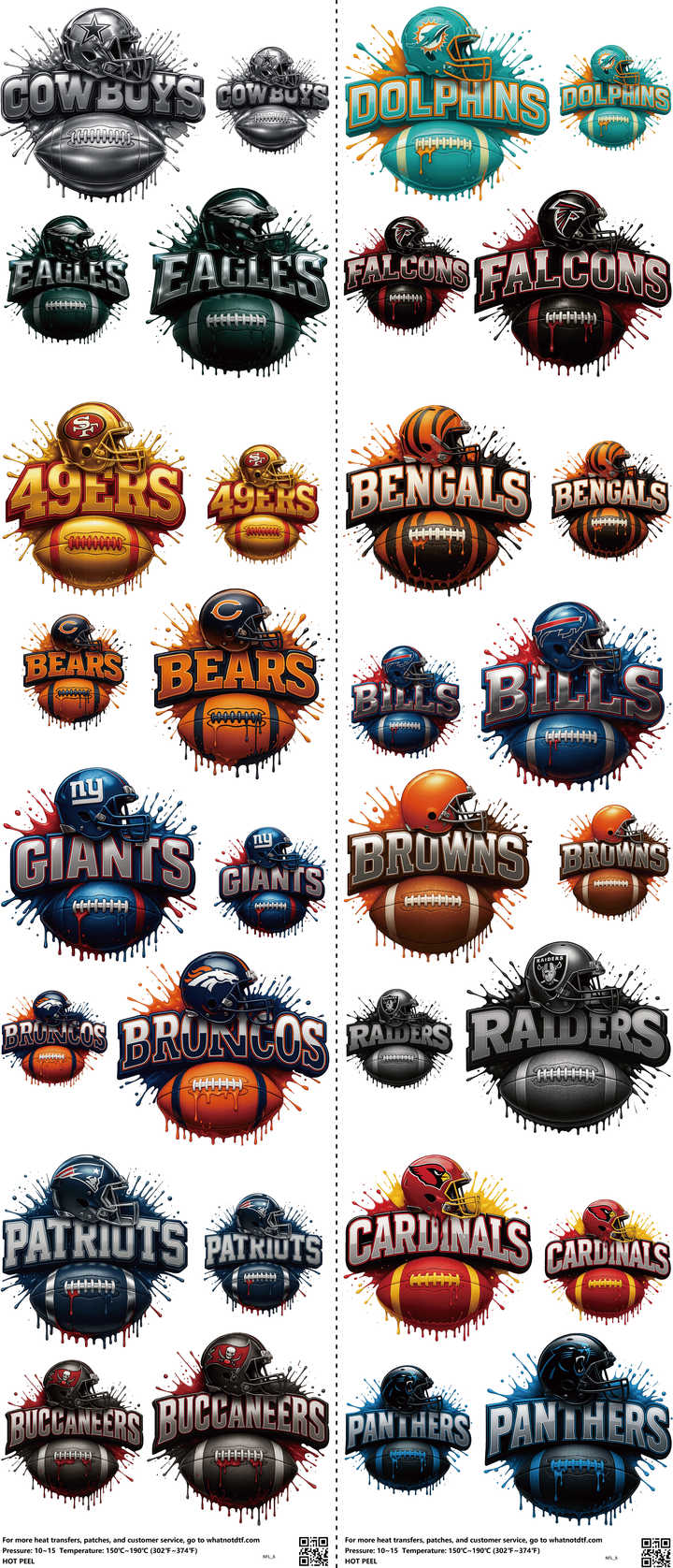Pro Football mixed-style heat transfer design set on a 23.5 by 53 inch sheet