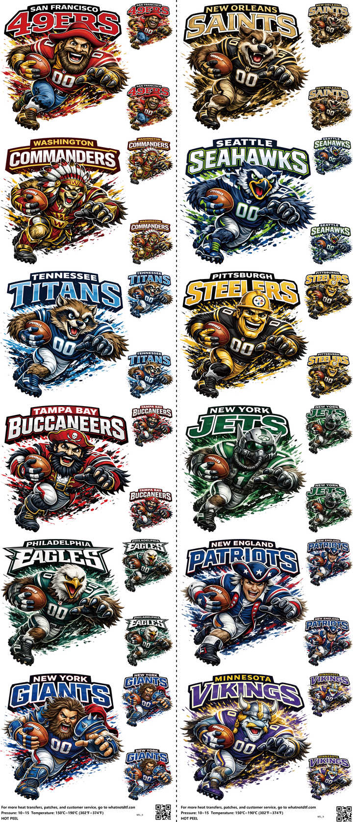 Pro Football mixed-style heat transfer design set on a 23.5 by 53 inch sheet