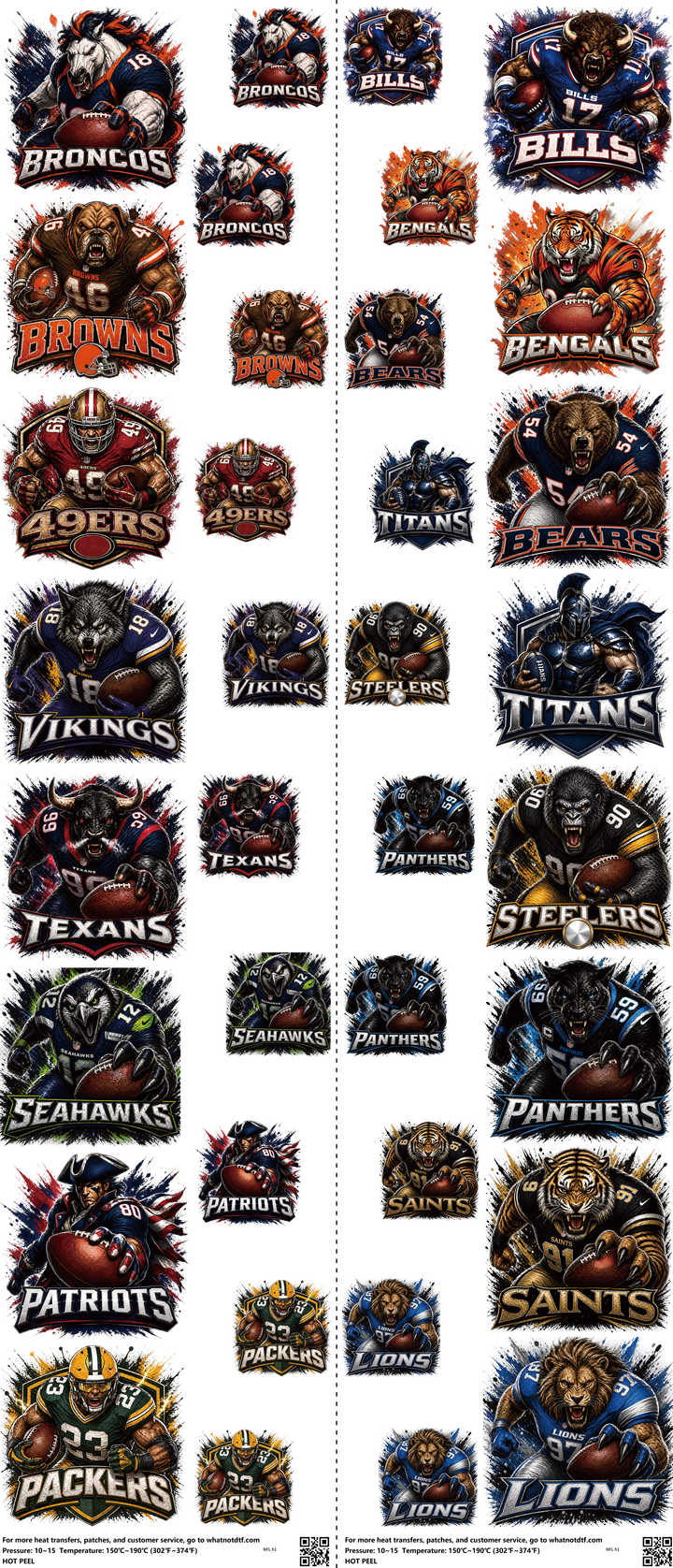 Pro Football mixed-style heat transfer design set on a 23.5 by 53 inch sheet