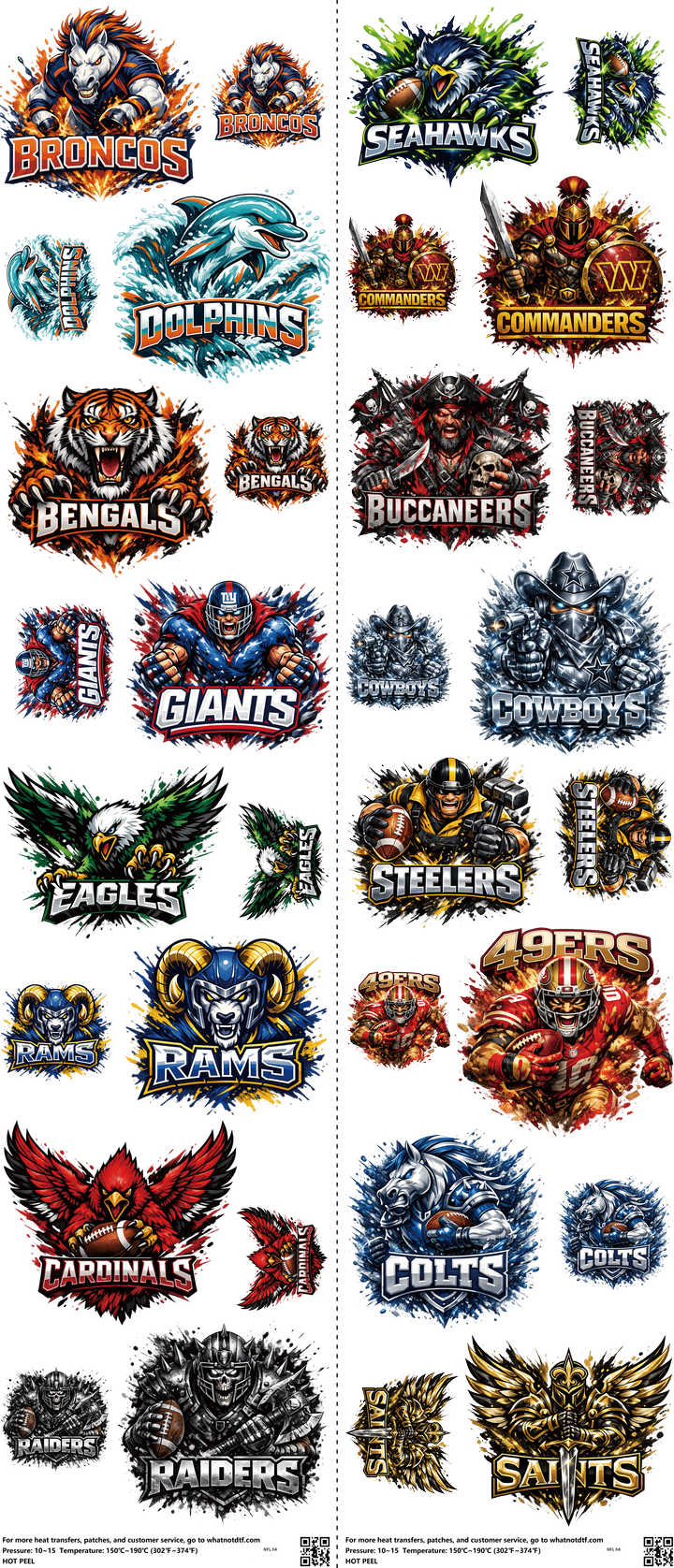 Pro Football mixed-style heat transfer design set on a 23.5 by 53 inch sheet