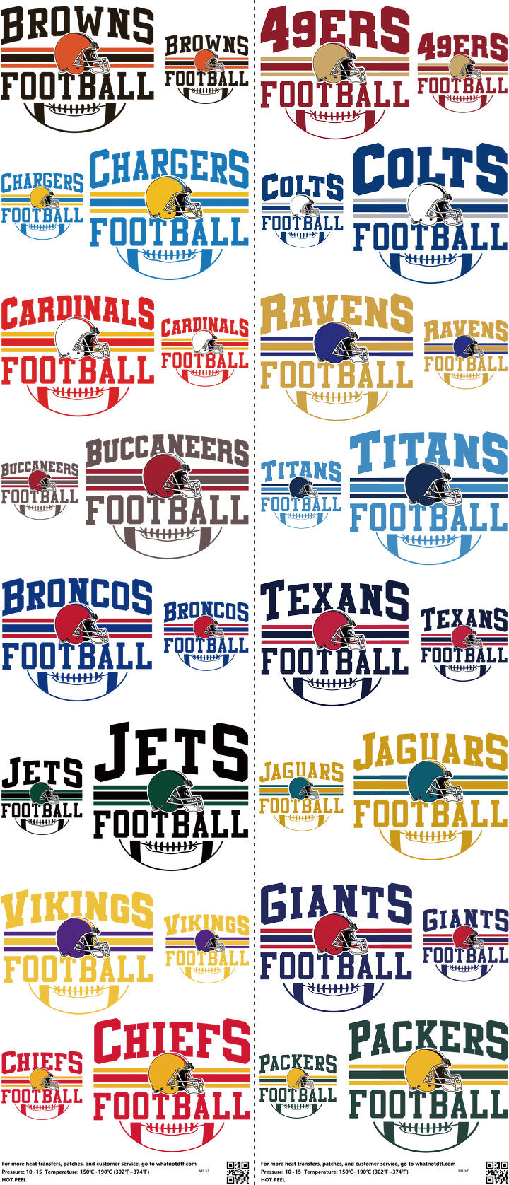 Pro Football mixed-style heat transfer design set on a 23.5 by 53 inch sheet