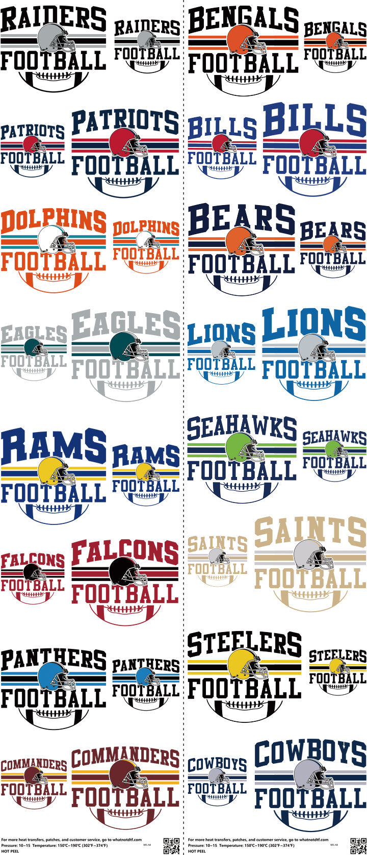 Pro Football mixed-style heat transfer design set on a 23.5 by 53 inch sheet