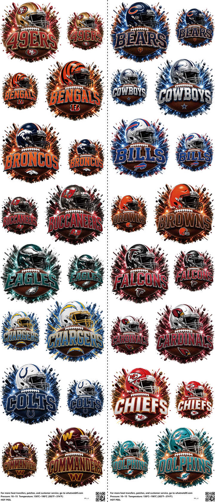 Pro Football mixed-style heat transfer design set on a 23.5 by 53 inch sheet
