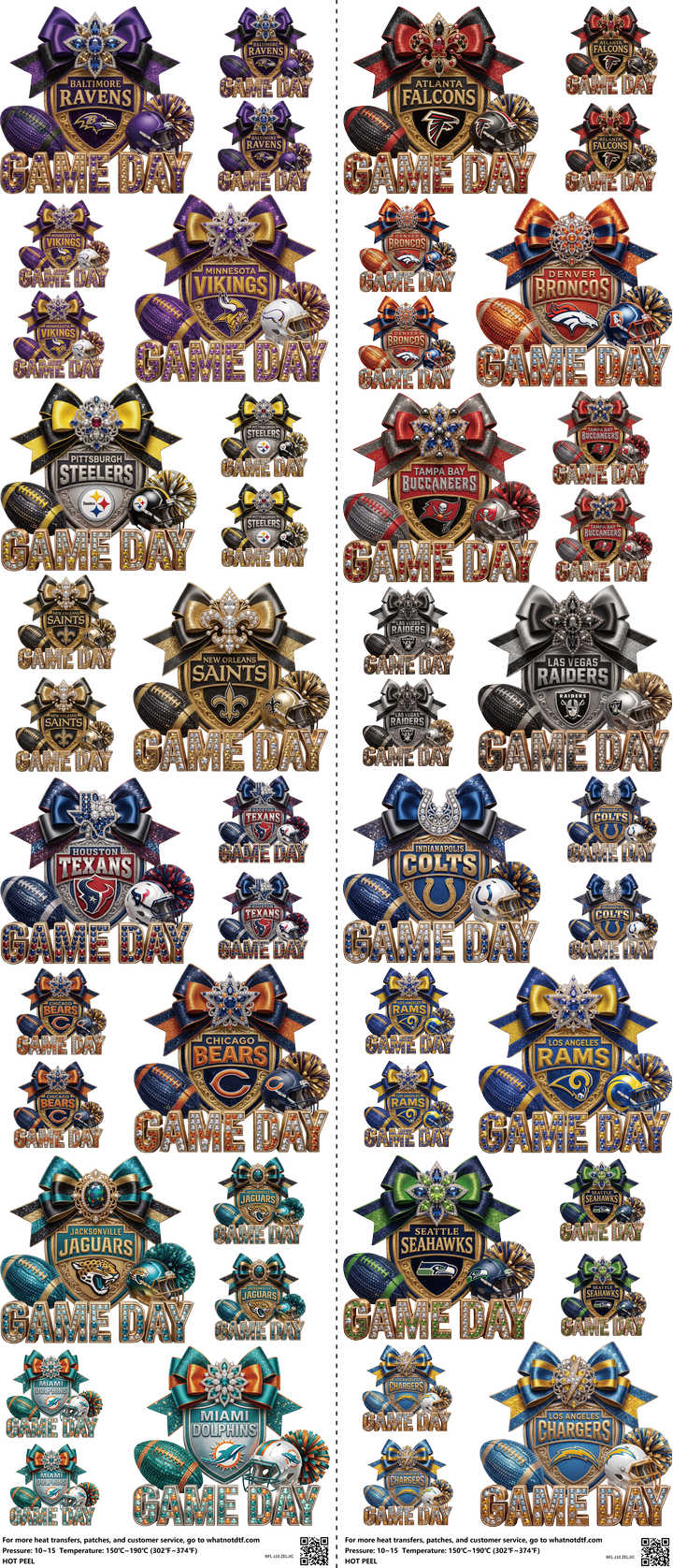 Pro Football mixed-style heat transfer design set on a 23.5 by 53 inch sheet
