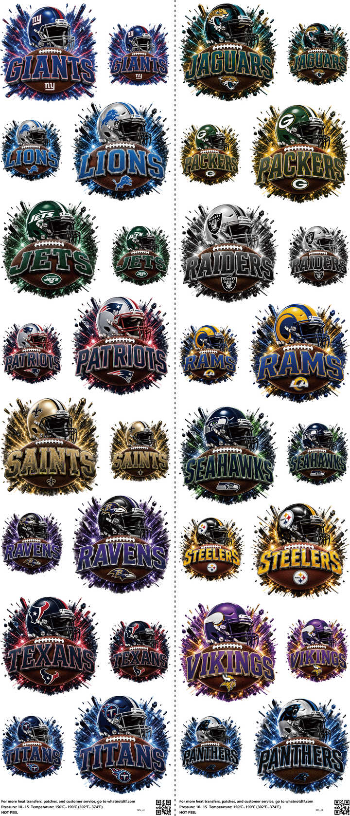 Pro Football mixed-style heat transfer design set on a 23.5 by 53 inch sheet