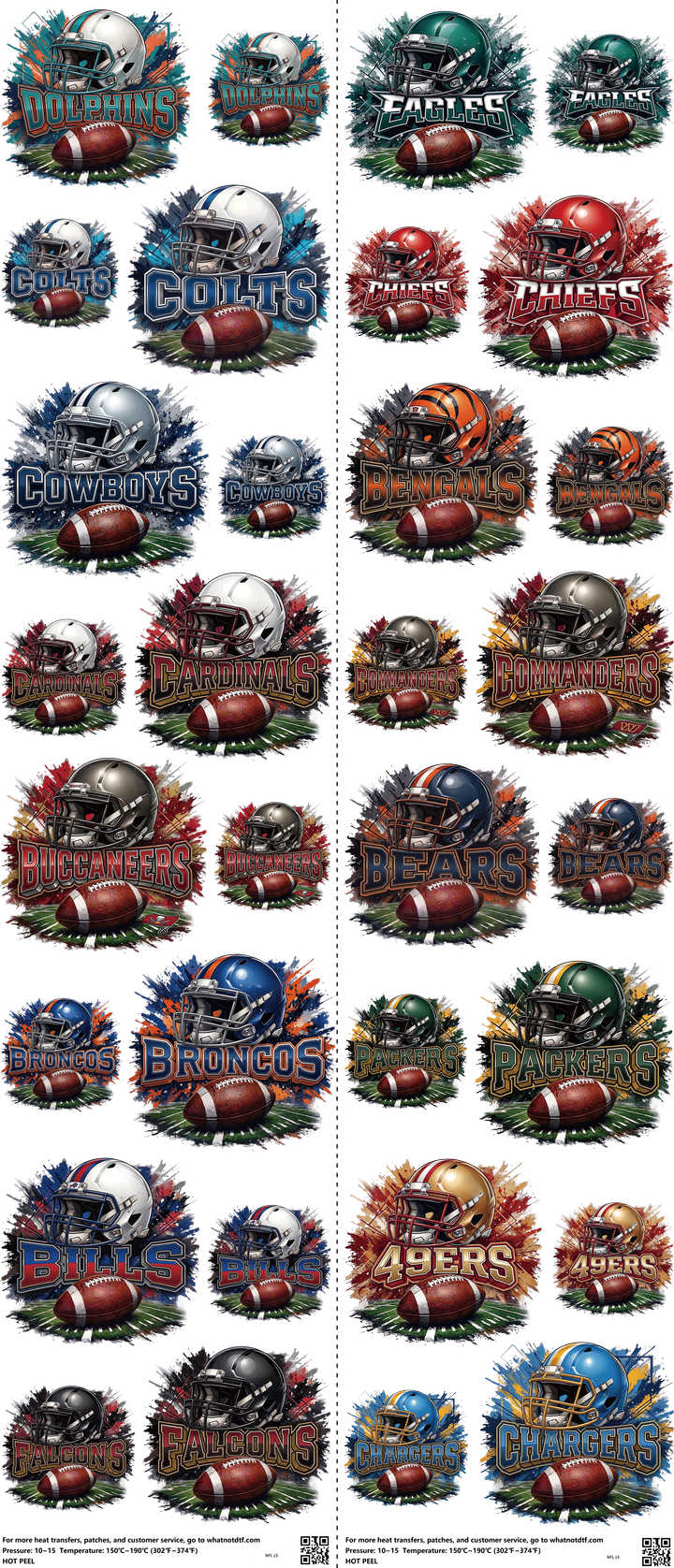 Pro Football mixed-style heat transfer design set on a 23.5 by 53 inch sheet