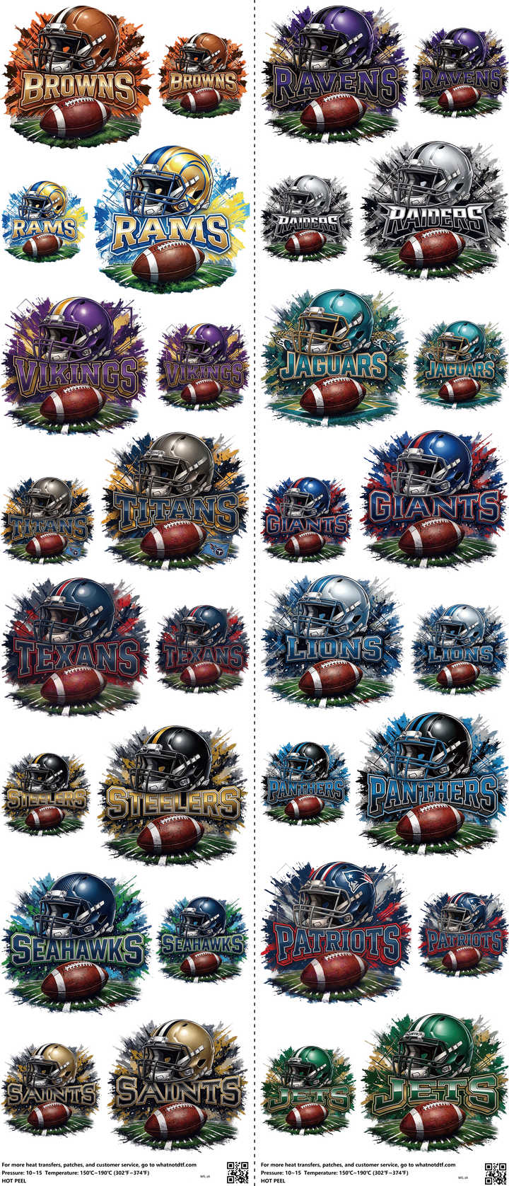 Pro Football mixed-style heat transfer design set on a 23.5 by 53 inch sheet