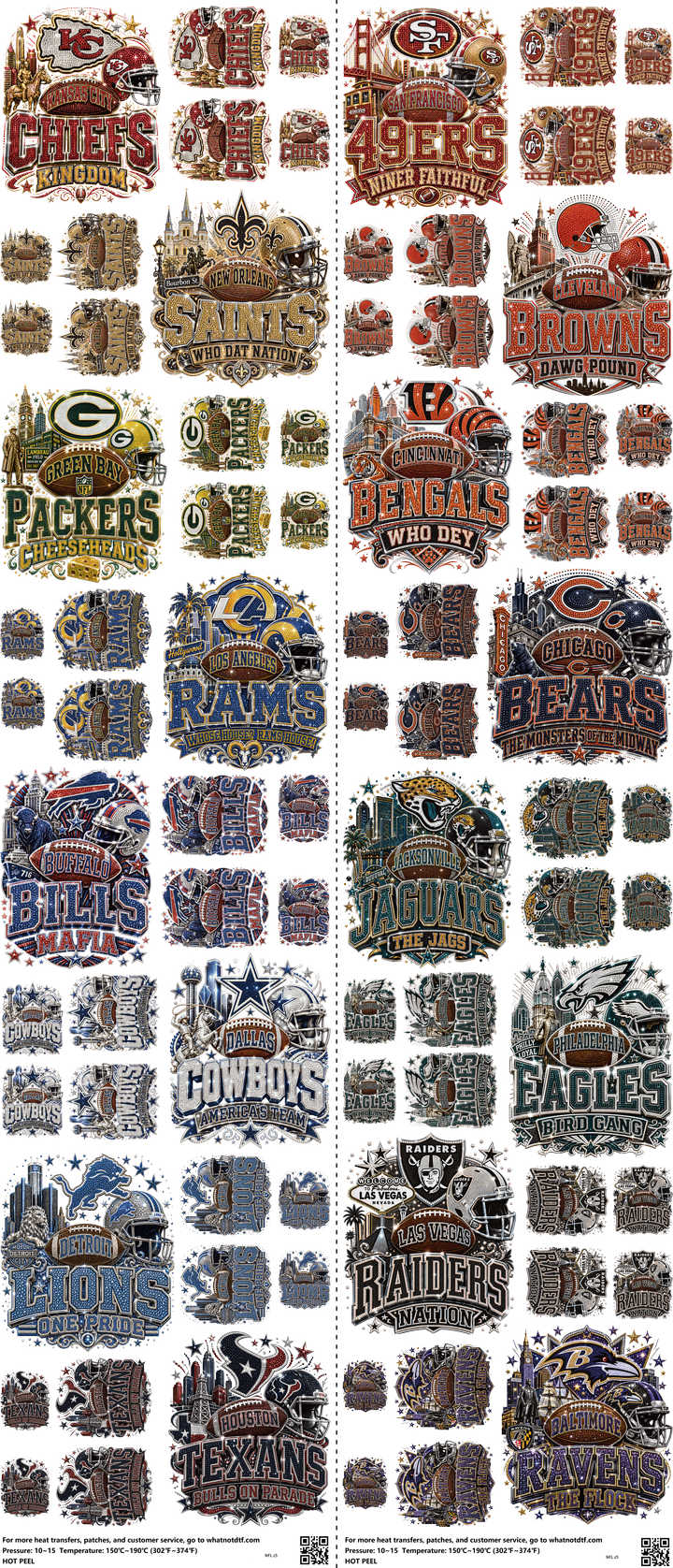 Pro Football mixed-style heat transfer design set on a 23.5 by 53 inch sheet