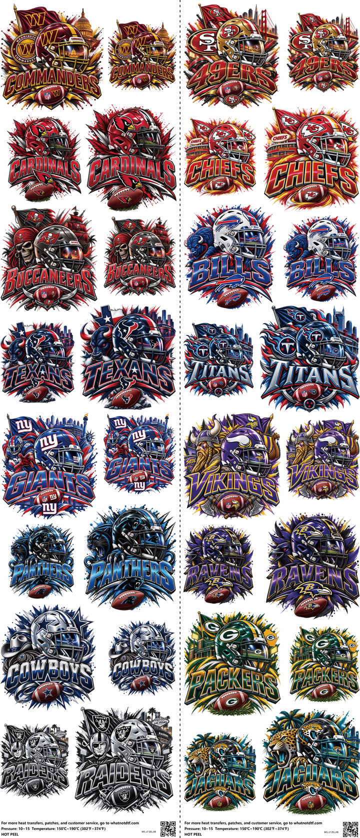Pro Football mixed-style heat transfer design set on a 23.5 by 53 inch sheet