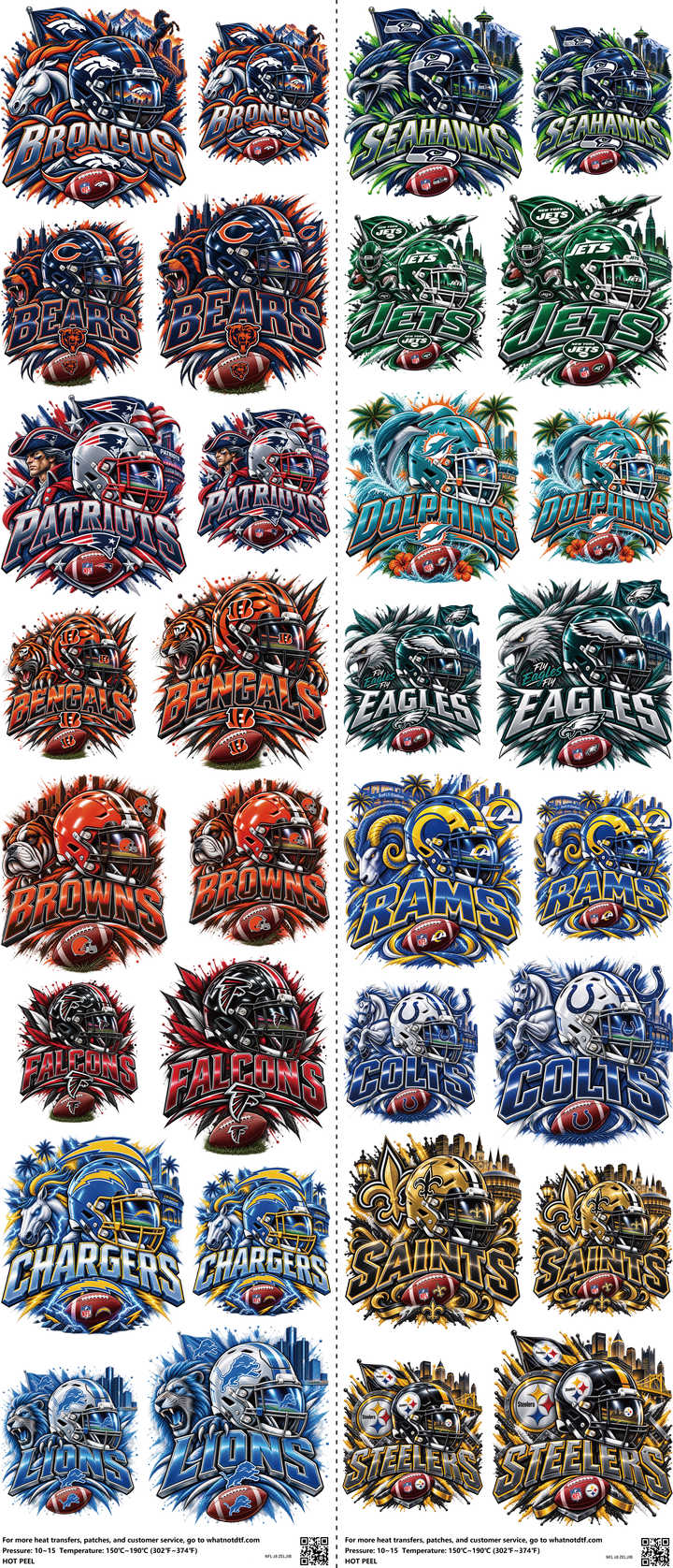 Pro Football mixed-style heat transfer design set on a 23.5 by 53 inch sheet
