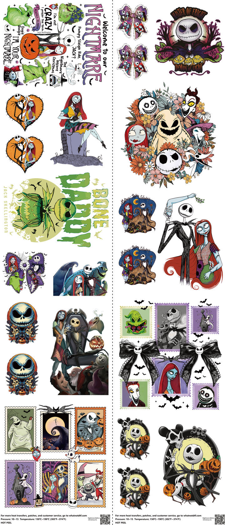 Nightmare Before Christmas mixed-style heat transfer design set on a 23.5 by 53 inch sheet