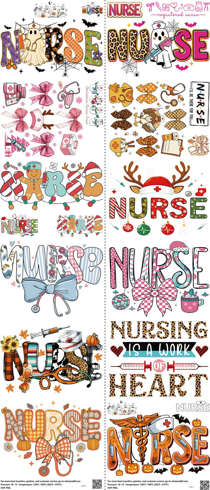 Nurse mixed-style heat transfer design set on a 23.5 by 53 inch sheet