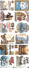 Outdoor Camping mixed-style heat transfer design set on a 23.5 by 53 inch sheet